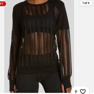 BLANC NOIR women’s black LINEAR MESH cutout sweatshirt top thumb hole sleeves M